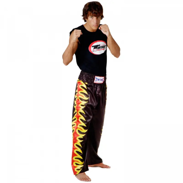 Παντελόνι Kickboxing Twins Μετάξι Μαύρο με Φλόγες - Image 2